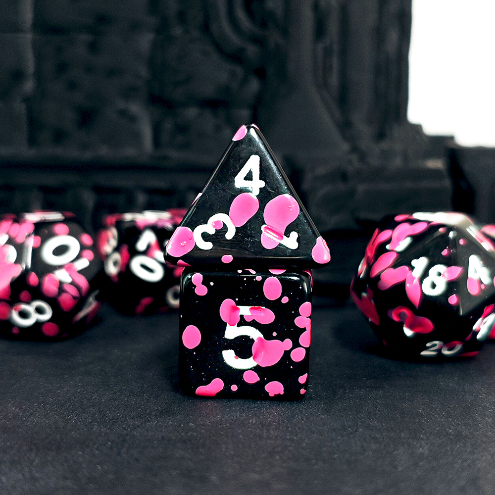 Polyhedral Pink Splatter Acryl - Dice Set Polyhedral avis et prix